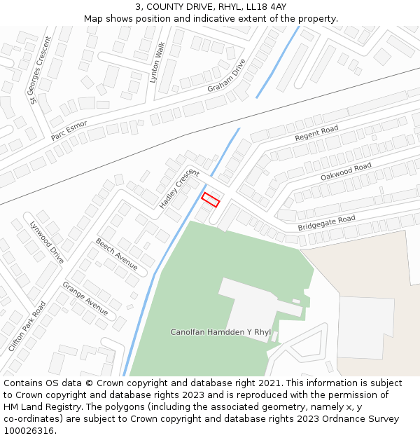 3, COUNTY DRIVE, RHYL, LL18 4AY: Location map and indicative extent of plot