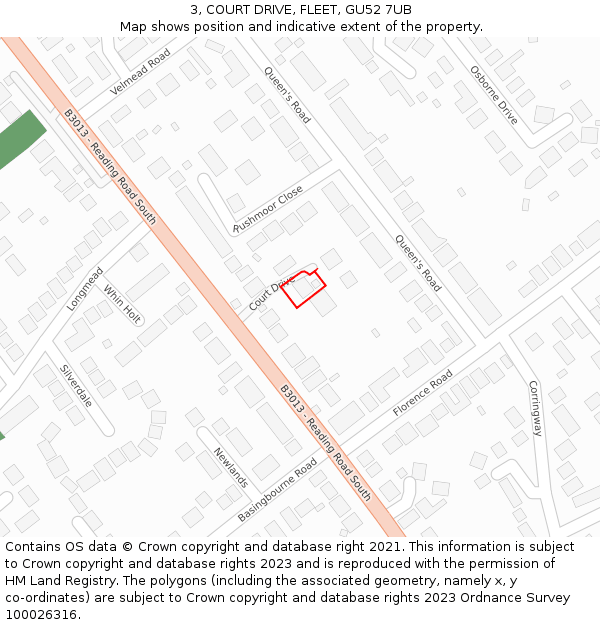 3, COURT DRIVE, FLEET, GU52 7UB: Location map and indicative extent of plot