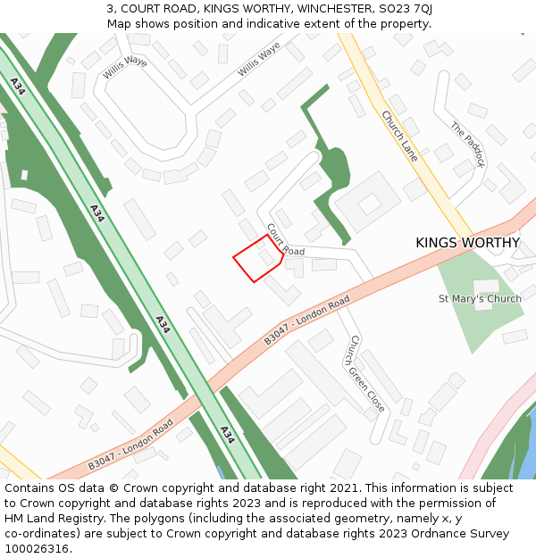 3, COURT ROAD, KINGS WORTHY, WINCHESTER, SO23 7QJ: Location map and indicative extent of plot