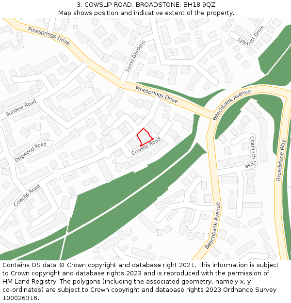 3, COWSLIP ROAD, BROADSTONE, BH18 9QZ: Location map and indicative extent of plot