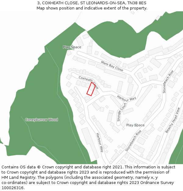 3, COXHEATH CLOSE, ST LEONARDS-ON-SEA, TN38 8ES: Location map and indicative extent of plot