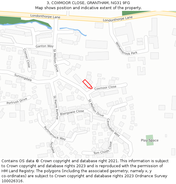 3, COXMOOR CLOSE, GRANTHAM, NG31 9FG: Location map and indicative extent of plot