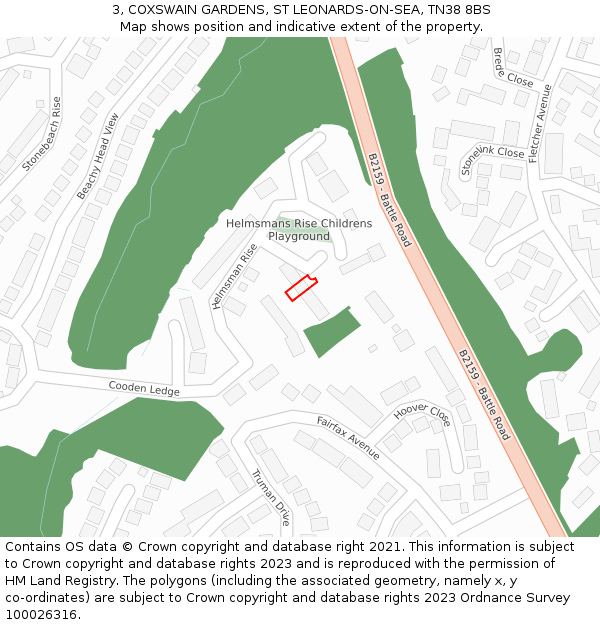 3, COXSWAIN GARDENS, ST LEONARDS-ON-SEA, TN38 8BS: Location map and indicative extent of plot