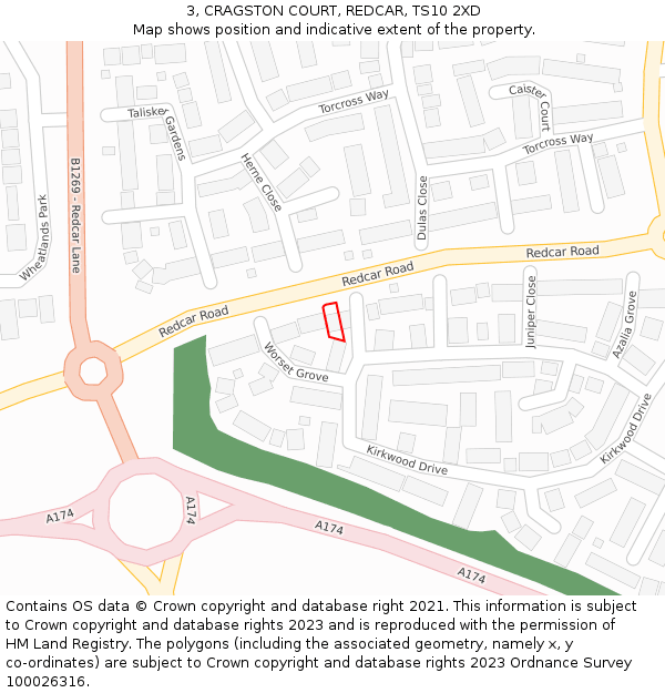 3, CRAGSTON COURT, REDCAR, TS10 2XD: Location map and indicative extent of plot