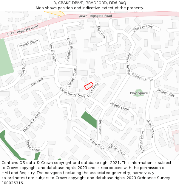 3, CRAKE DRIVE, BRADFORD, BD6 3XQ: Location map and indicative extent of plot