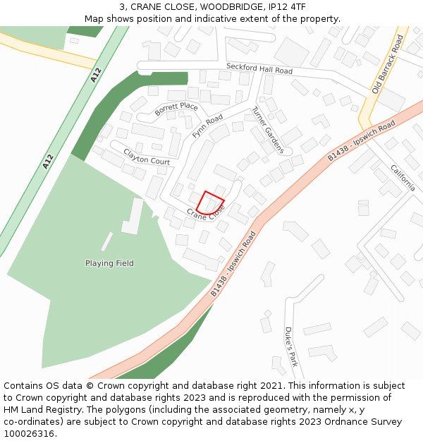 3, CRANE CLOSE, WOODBRIDGE, IP12 4TF: Location map and indicative extent of plot