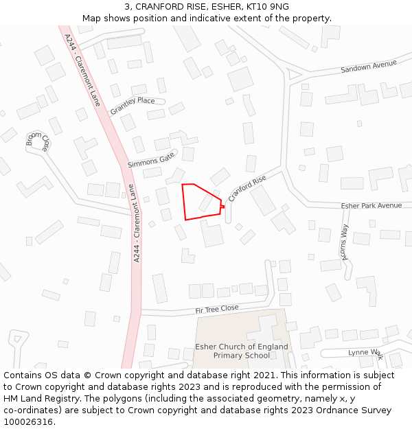 3, CRANFORD RISE, ESHER, KT10 9NG: Location map and indicative extent of plot