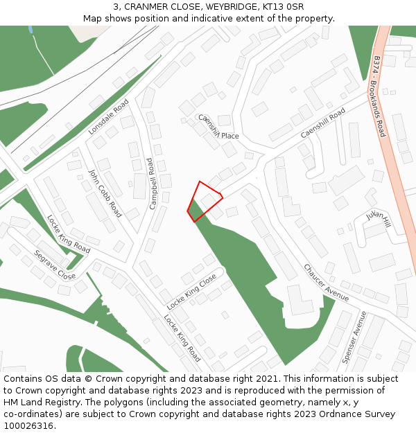 3, CRANMER CLOSE, WEYBRIDGE, KT13 0SR: Location map and indicative extent of plot