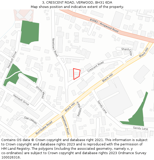 3, CRESCENT ROAD, VERWOOD, BH31 6DA: Location map and indicative extent of plot