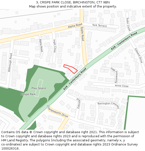 3, CRISPE PARK CLOSE, BIRCHINGTON, CT7 9BN: Location map and indicative extent of plot