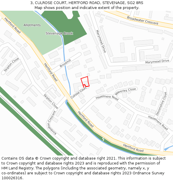 3, CULROSE COURT, HERTFORD ROAD, STEVENAGE, SG2 8RS: Location map and indicative extent of plot