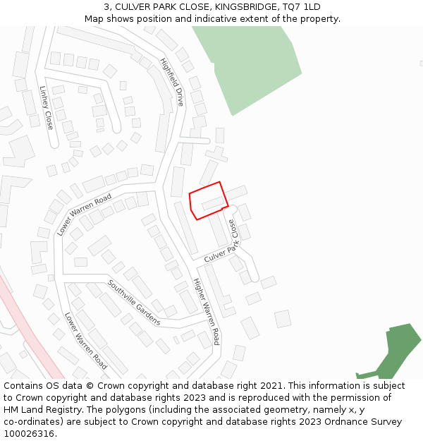 3, CULVER PARK CLOSE, KINGSBRIDGE, TQ7 1LD: Location map and indicative extent of plot
