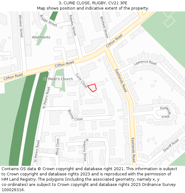 3, CURIE CLOSE, RUGBY, CV21 3PE: Location map and indicative extent of plot