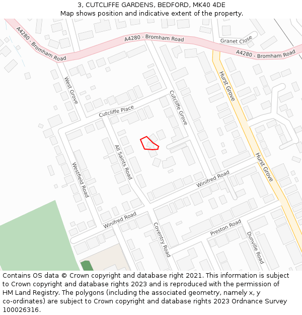 3, CUTCLIFFE GARDENS, BEDFORD, MK40 4DE: Location map and indicative extent of plot