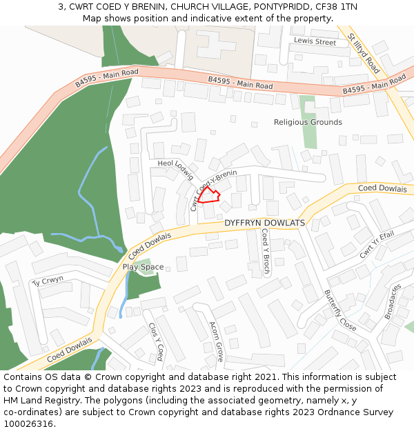 3, CWRT COED Y BRENIN, CHURCH VILLAGE, PONTYPRIDD, CF38 1TN: Location map and indicative extent of plot