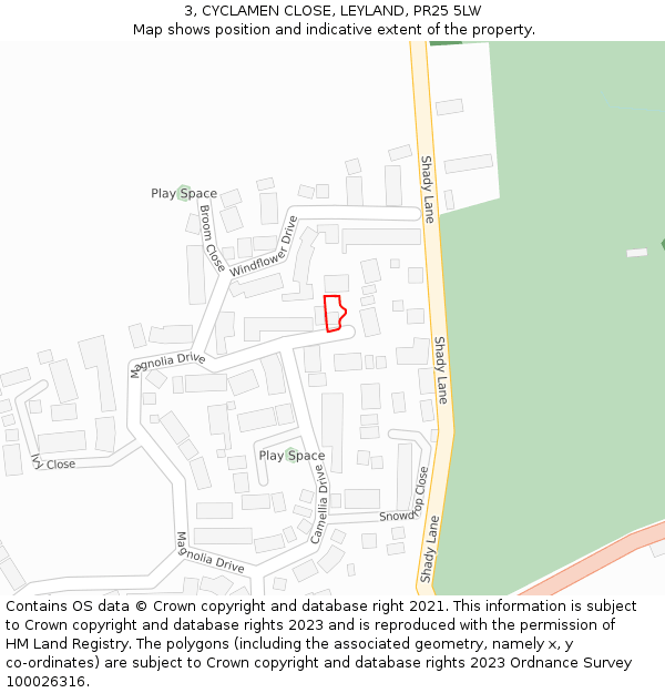3, CYCLAMEN CLOSE, LEYLAND, PR25 5LW: Location map and indicative extent of plot