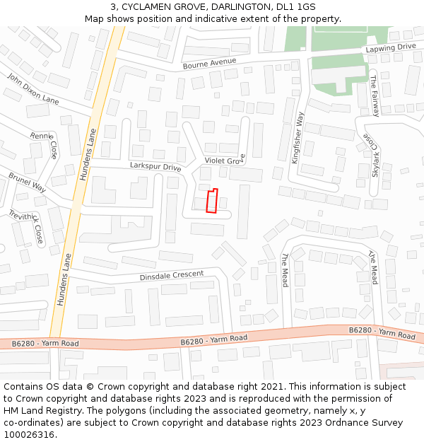 3, CYCLAMEN GROVE, DARLINGTON, DL1 1GS: Location map and indicative extent of plot