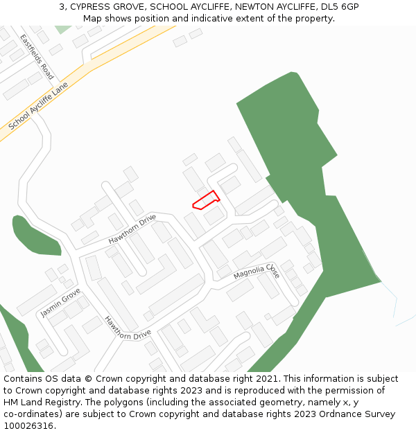 3, CYPRESS GROVE, SCHOOL AYCLIFFE, NEWTON AYCLIFFE, DL5 6GP: Location map and indicative extent of plot