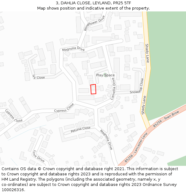 3, DAHLIA CLOSE, LEYLAND, PR25 5TF: Location map and indicative extent of plot