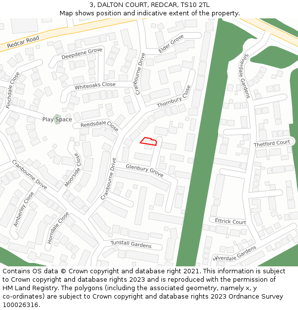 3, DALTON COURT, REDCAR, TS10 2TL: Location map and indicative extent of plot