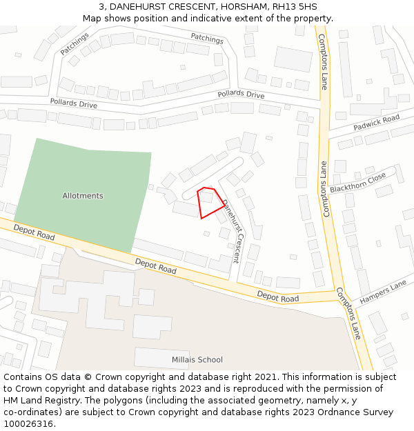 3, DANEHURST CRESCENT, HORSHAM, RH13 5HS: Location map and indicative extent of plot