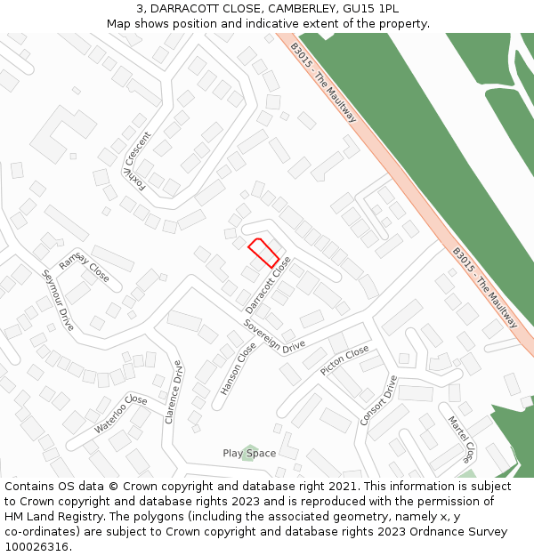 3, DARRACOTT CLOSE, CAMBERLEY, GU15 1PL: Location map and indicative extent of plot