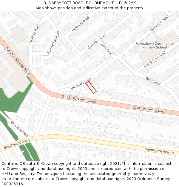 3, DARRACOTT ROAD, BOURNEMOUTH, BH5 2AX: Location map and indicative extent of plot