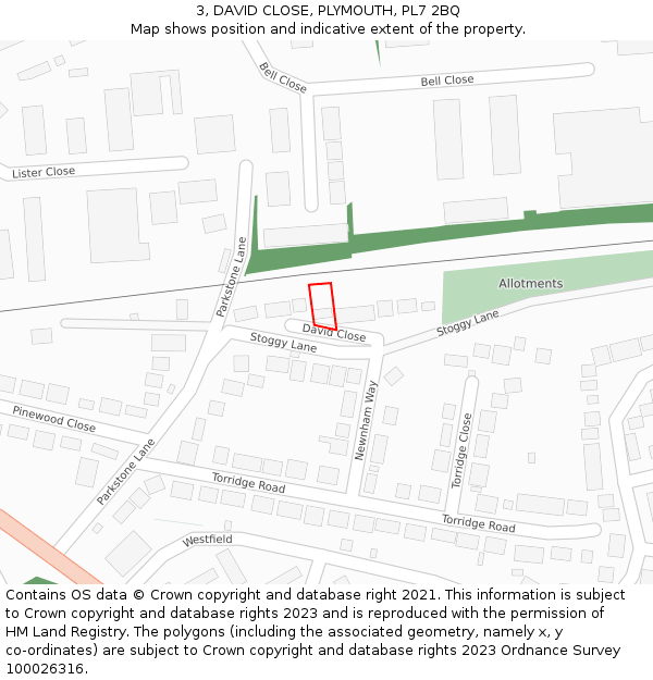 3, DAVID CLOSE, PLYMOUTH, PL7 2BQ: Location map and indicative extent of plot