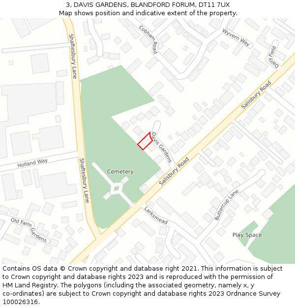 3, DAVIS GARDENS, BLANDFORD FORUM, DT11 7UX: Location map and indicative extent of plot