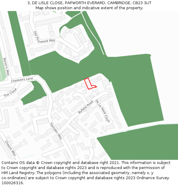3, DE LISLE CLOSE, PAPWORTH EVERARD, CAMBRIDGE, CB23 3UT: Location map and indicative extent of plot