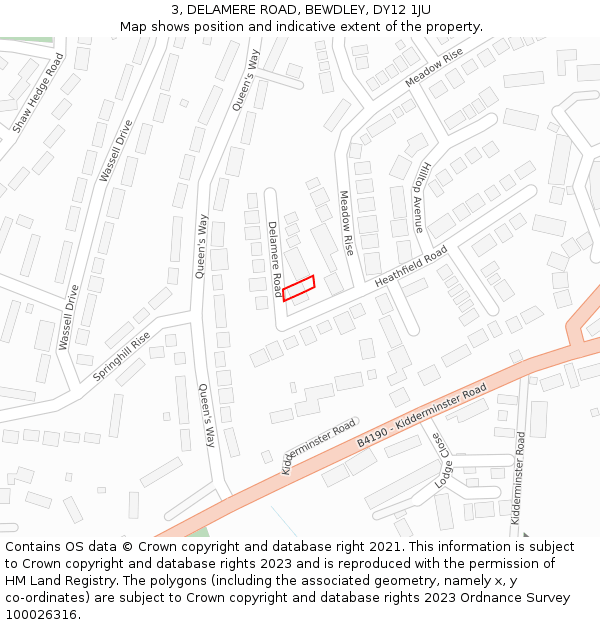 3, DELAMERE ROAD, BEWDLEY, DY12 1JU: Location map and indicative extent of plot