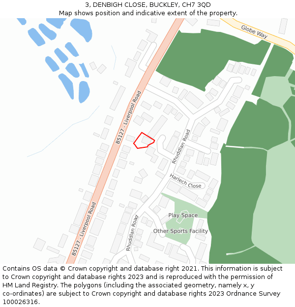 3, DENBIGH CLOSE, BUCKLEY, CH7 3QD: Location map and indicative extent of plot