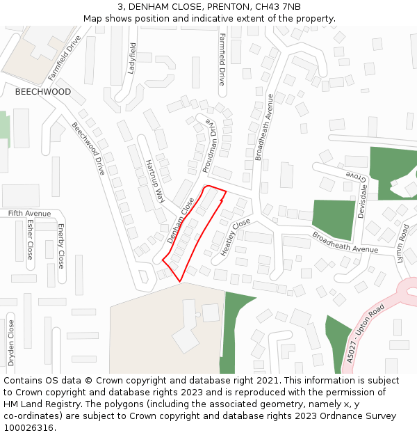 3, DENHAM CLOSE, PRENTON, CH43 7NB: Location map and indicative extent of plot