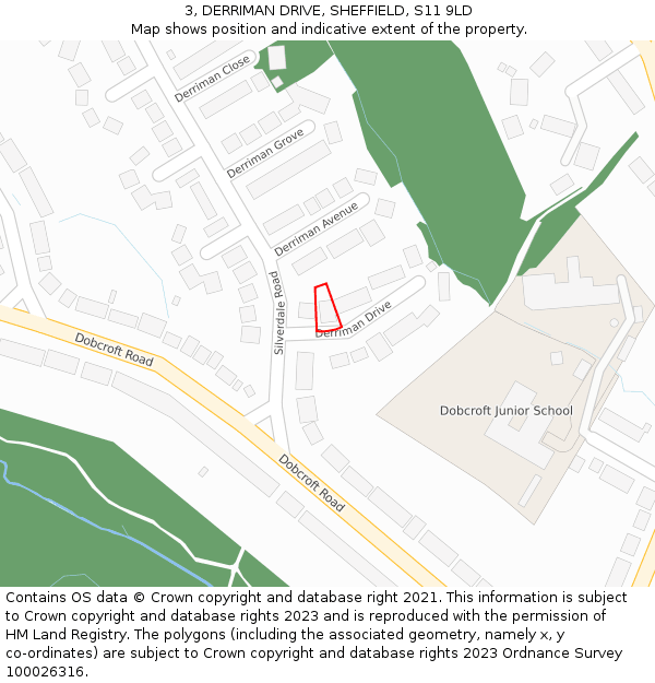 3, DERRIMAN DRIVE, SHEFFIELD, S11 9LD: Location map and indicative extent of plot