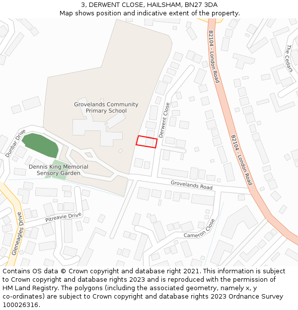 3, DERWENT CLOSE, HAILSHAM, BN27 3DA: Location map and indicative extent of plot
