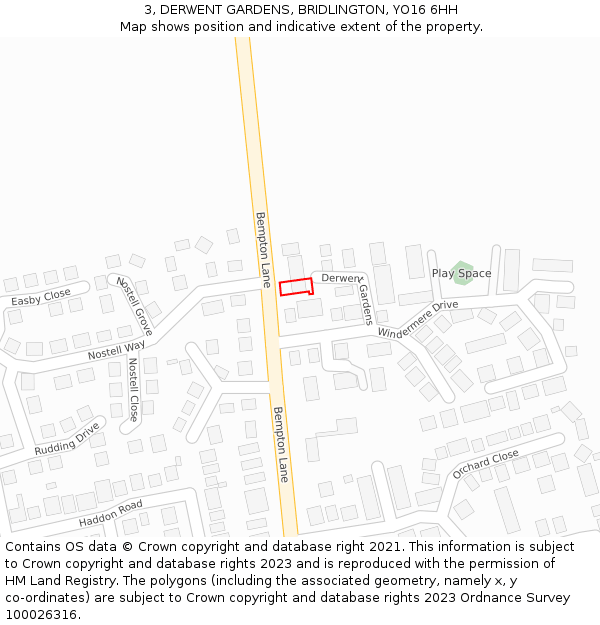 3, DERWENT GARDENS, BRIDLINGTON, YO16 6HH: Location map and indicative extent of plot