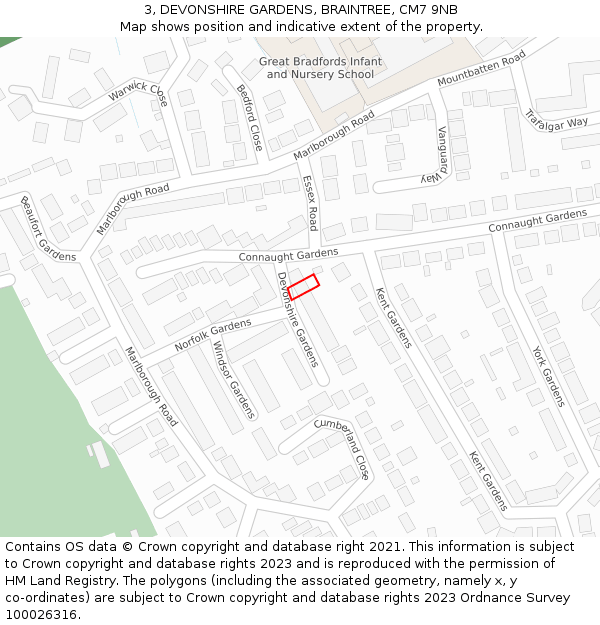 3, DEVONSHIRE GARDENS, BRAINTREE, CM7 9NB: Location map and indicative extent of plot