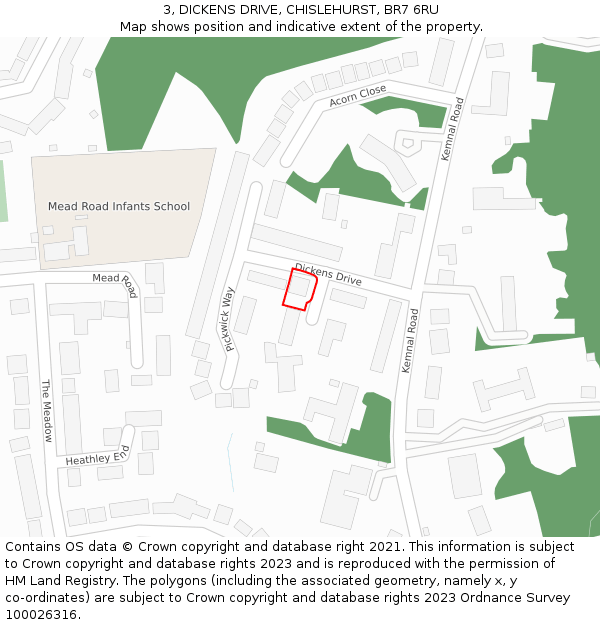 3, DICKENS DRIVE, CHISLEHURST, BR7 6RU: Location map and indicative extent of plot