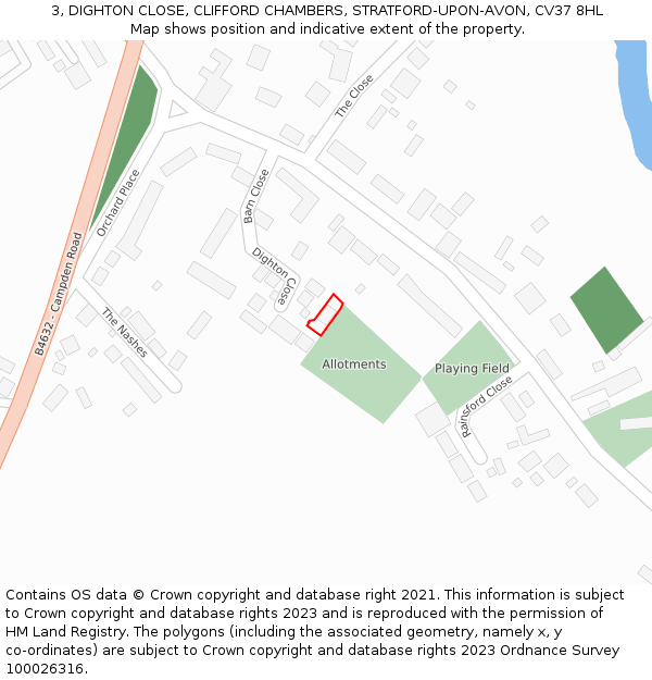 3, DIGHTON CLOSE, CLIFFORD CHAMBERS, STRATFORD-UPON-AVON, CV37 8HL: Location map and indicative extent of plot