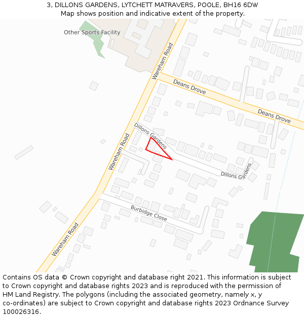 3, DILLONS GARDENS, LYTCHETT MATRAVERS, POOLE, BH16 6DW: Location map and indicative extent of plot