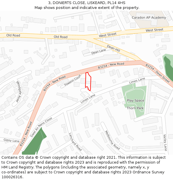 3, DONIERTS CLOSE, LISKEARD, PL14 4HS: Location map and indicative extent of plot