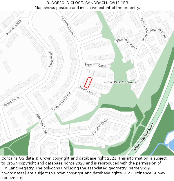 3, DORFOLD CLOSE, SANDBACH, CW11 1EB: Location map and indicative extent of plot