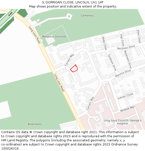 3, DORRIGAN CLOSE, LINCOLN, LN1 1AT: Location map and indicative extent of plot