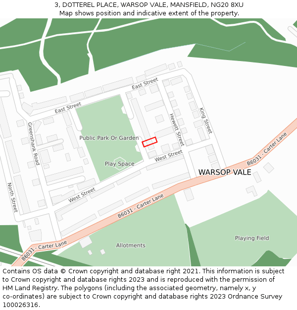 3, DOTTEREL PLACE, WARSOP VALE, MANSFIELD, NG20 8XU: Location map and indicative extent of plot