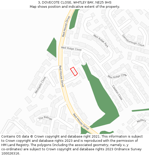 3, DOVECOTE CLOSE, WHITLEY BAY, NE25 9HS: Location map and indicative extent of plot
