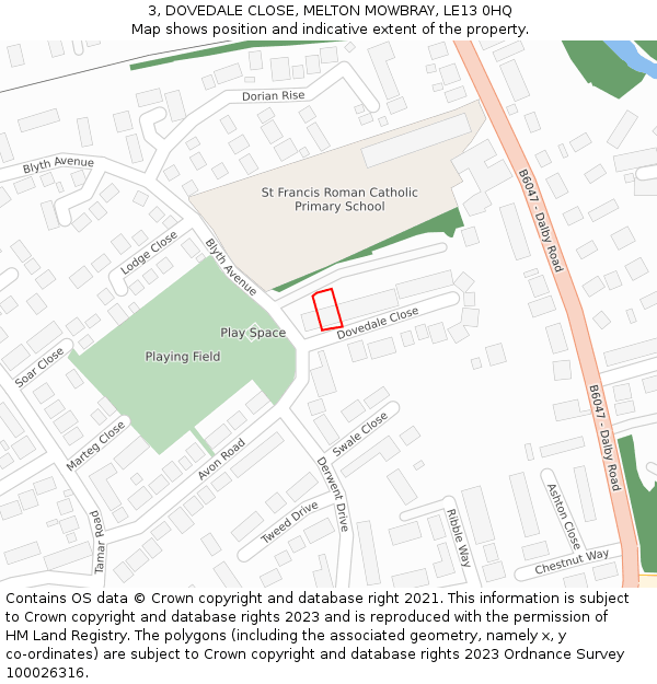 3, DOVEDALE CLOSE, MELTON MOWBRAY, LE13 0HQ: Location map and indicative extent of plot