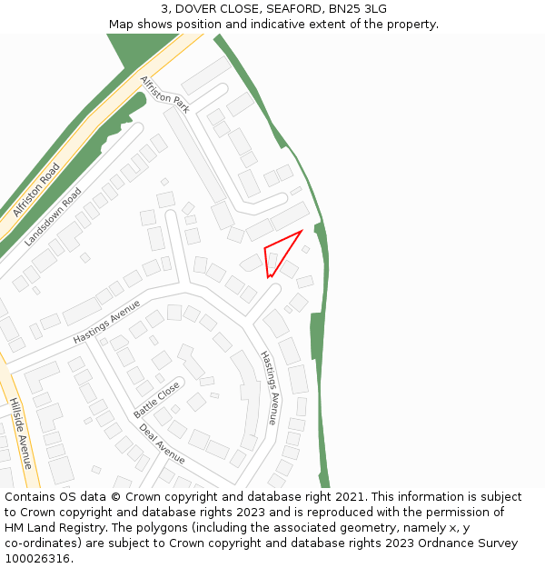 3, DOVER CLOSE, SEAFORD, BN25 3LG: Location map and indicative extent of plot
