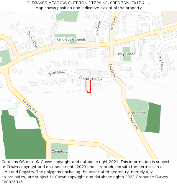 3, DRAKES MEADOW, CHERITON FITZPAINE, CREDITON, EX17 4HU: Location map and indicative extent of plot