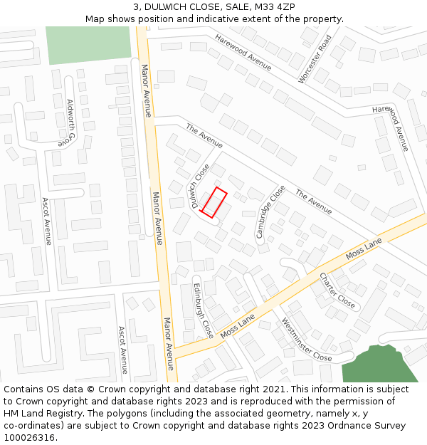 3, DULWICH CLOSE, SALE, M33 4ZP: Location map and indicative extent of plot