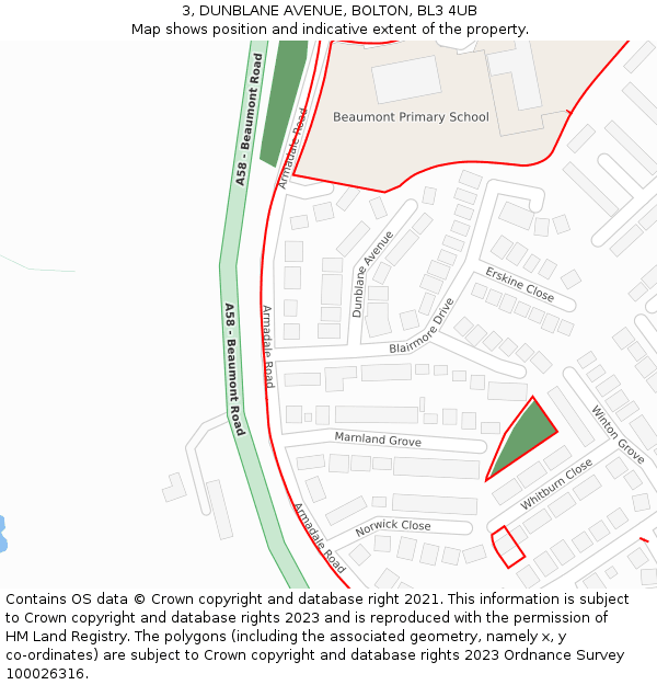 3, DUNBLANE AVENUE, BOLTON, BL3 4UB: Location map and indicative extent of plot
